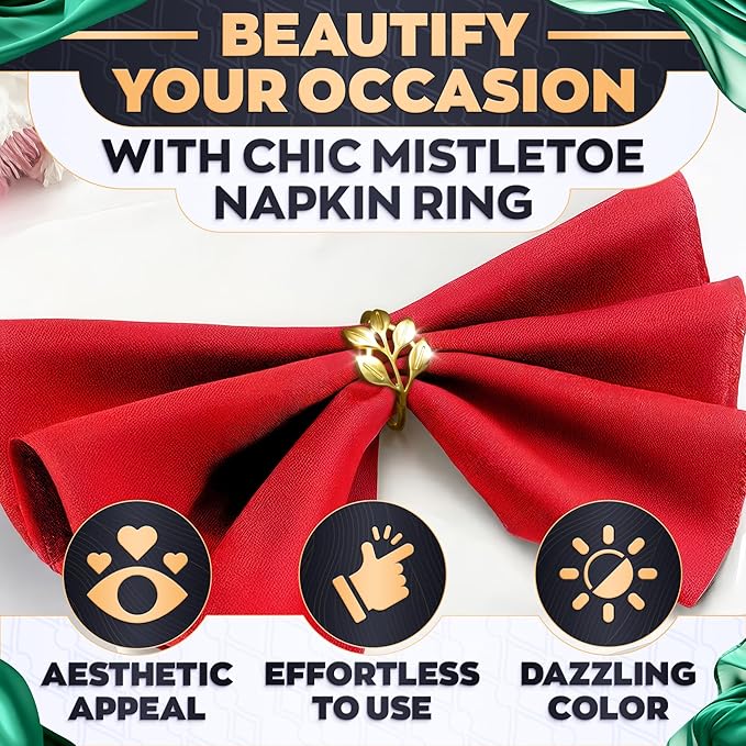 Valentine Gold Napkin Rings Set of 12 - Gold Leaf Napkin Rings Set | Elegant Design Napkin Ring Holders for Valentine Table Decorations, Festive Dinners & Special Occasions, Kitchen Gifts for Hosts