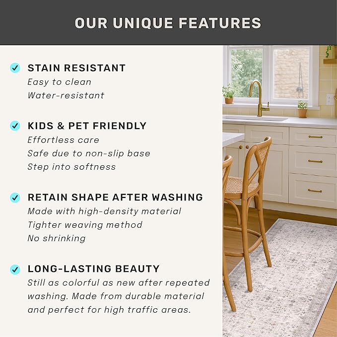Boho 4x6 Living Room Rug - Light Grey Modern Vintage Eclectic Floral Pastel Neutral Taupe, Washable Low Pile Non-Slip Area Rugs for Kitchen, Mudroom, Bedroom Beside Bed, Office