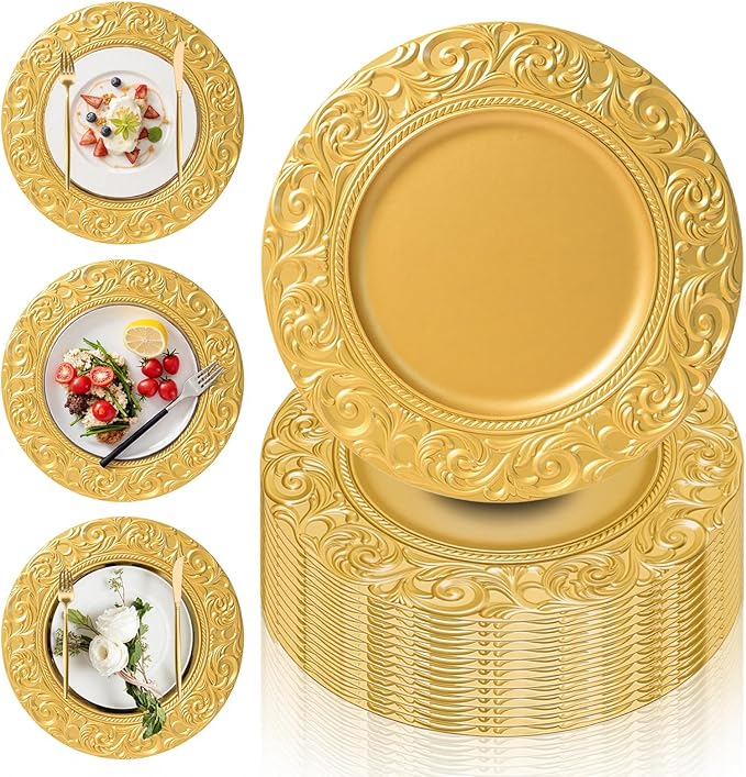 PROY Antique Charger Plates Set, 50 Pcs 13in Plastic Embossed Gold Chargers for Dinner Plates, Round Floral Gold Chargers for Table Setting, Wedding, Party, Event