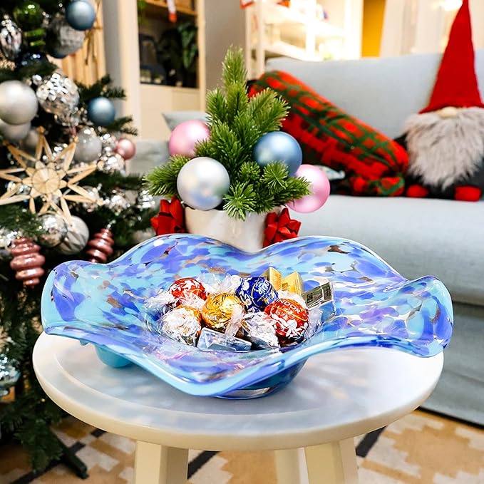 Hand Blown Murano-style Art Glass Bowl, 10.2-Inch Large Decorative Centerpiece for Table, Cobalt Blue Fruit Display & Kitchen Counter Decor