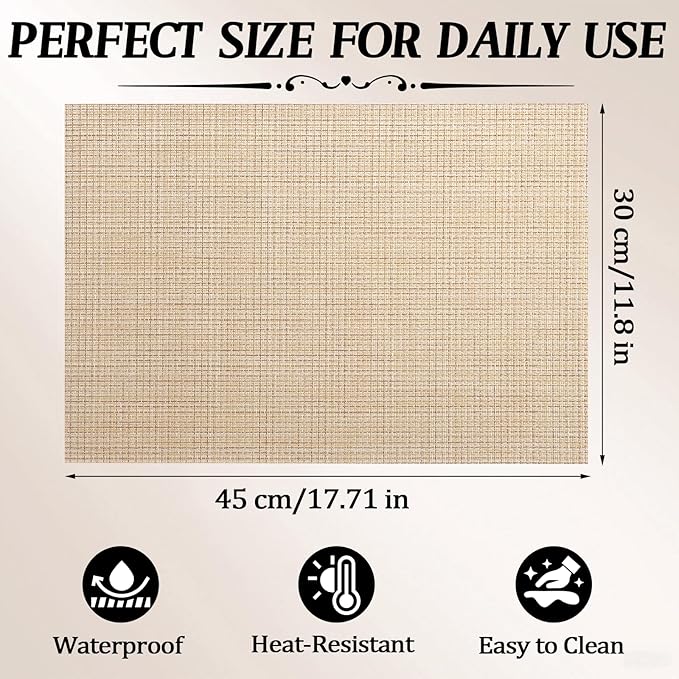 Timeet Placemats Set of 6, Heat Resistant Non-Slip Place Mats for Dining Table, Durable Washable PVC Vinyl Woven Table Mats, Linen Textured Placemats for Kitchen Resistant Easy to Clean(Beige