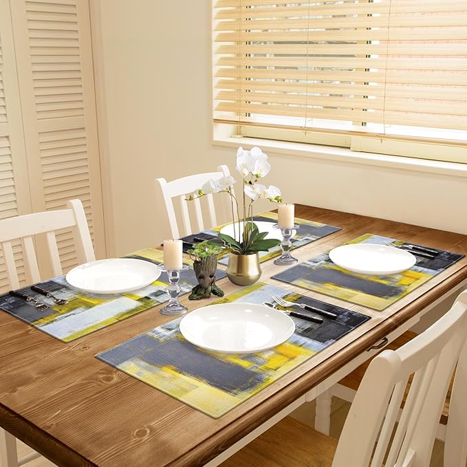 Emvency Farmhouse Placemats Set of 4, Vintage Yellow and Dark Gray Abstract Art Painting 12x18 Inch Table Mats for Outdoor Home Party Kitchen Dining Decoration