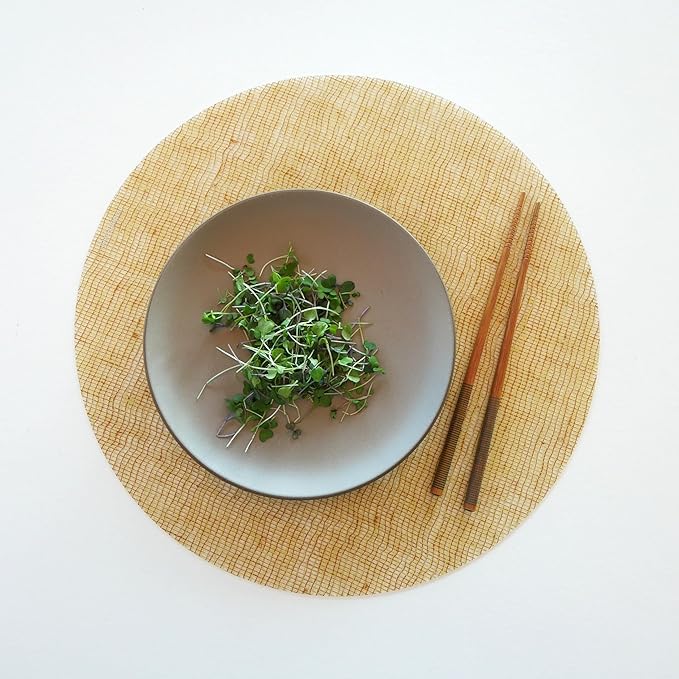 modern-twist 15" Round Silicone Placemat, BPA, PVC-Free Table Mat, Dishwasher Safe, Linen Print in Straw, Pack of 1