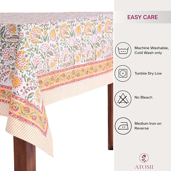 ATOSII Clover Yellow 100% Cotton Square Fall Tablecloth, Handblock Floral Print Linen Table Cloth for Kitchen Dining I Parties, Weddings, Outdoors, Christmas, Thanksgiving Fall Decor 60 X 60 Inches