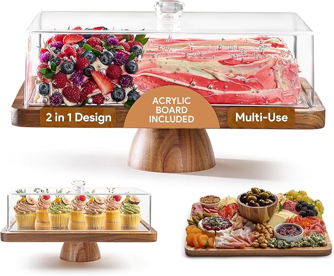 Acacia Wood Valentine Cake Stand with Lid - Rectangle Holder for Valentine's Baking, 2-in-1 Dessert Display & Charcuterie Board, Valentine's Day Serving Platter, Acrylic Dome Cover