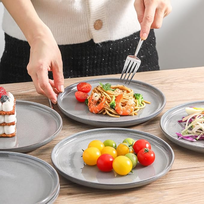 Ceramic Dinner Plates Set of 6,Stoneware 8 Inch,Microwave,Dishwasher and Oven Safe,Porcelain Dessert Plates for Pasta,Salad and Steak,Christmas Gift,Dishes for Kitchen,Scratch Resistant,Gray