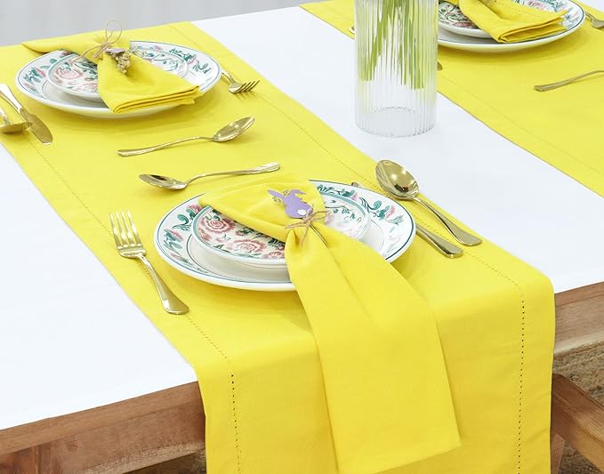 PurpleEssences Set of 12 Cloth Dinner Napkins 100% Cotton 18x18 Inch - Soft Durable Washable - Ideal for Farmhouse Party Christmas Holiday Winter - Perfect Everyday Use Table Linen - Yellow