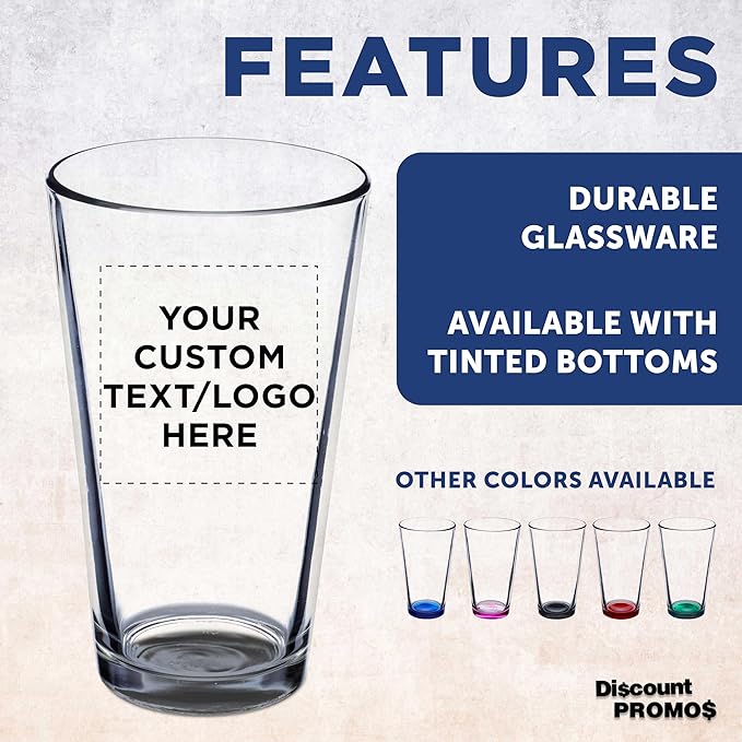 DISCOUNT PROMOS Custom Beer Pint Glasses 16 oz. Set of 10/50/100, Personalized Bulk Pack - Heavy Duty Glassware for Restaurant, Thick Base and Walls, Stackable - Clear