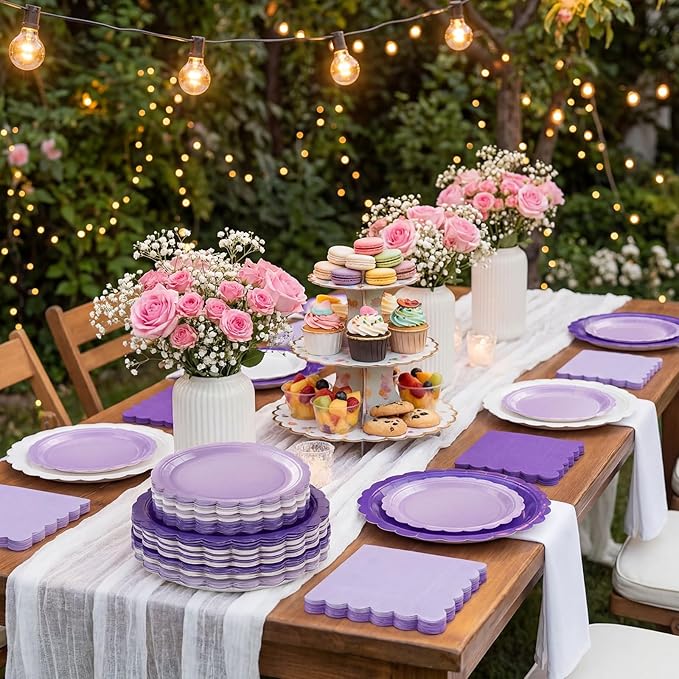 110 Pcs Purple Plates and Napkins Tableware Set Serve 25 Guests Includes Scalloped 9" 7" Paper Dessert Dinner Plate Purple Series Napkins for Spring Birthday Wedding Baby Shower Tea Party