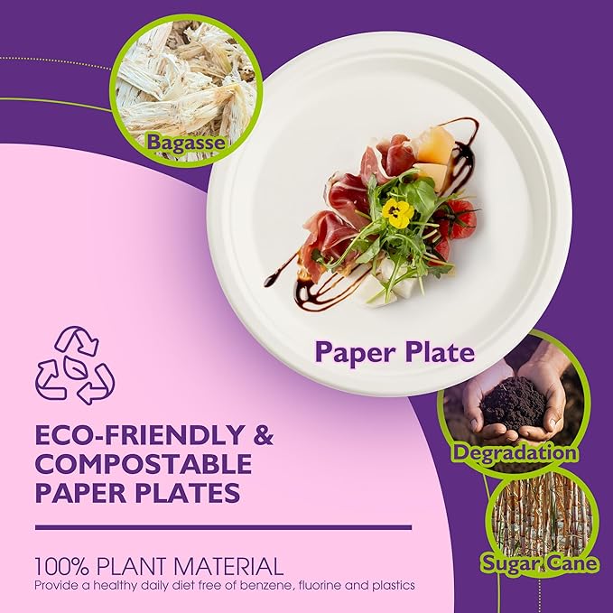 Compostable Paper Plates 10 Inch 150 Pack, Biodegradable Disposable Plates Heavy Duty White Plates, Made of Natural Sugarcane Bagasse, Unbleached Round Dinner Plates