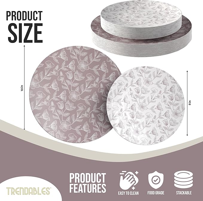 Trendables Disposable Dinnerware Decorative Plates Plastic Disposable Plates Set For 40 Guests 40 x 8 Inch Dessert Plate & 40 x 10 Inch Wedding Party Plate Set Blossom Circle