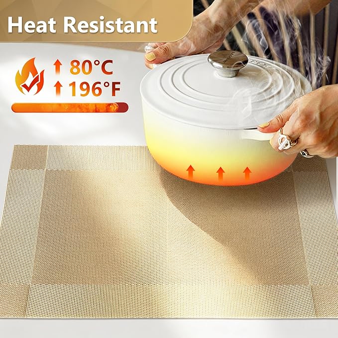 Placemats,Table Place Mats for Kitchen Dining, Heat-Resistant Anti-Skid Stain Washable PVC Table Mats, Easy to Cleaning Woven Vinyl Dinner Mats (Gold, 6 Pack)