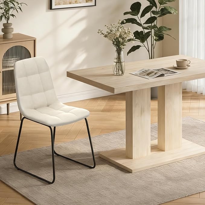 Modern 5-Piece Dining Table Set for 4, 46" Pedestal Dining Room Table with 4 Leather Chairs, Small Space Saving Kitchen Table Set, Natural Wood Finish Rectangle Table for Home & Apartment