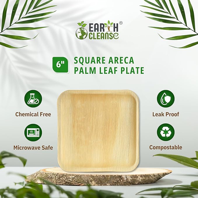 Compostable Palm Leaf Plates 6 Inch Square (200 Pack) | Disposable Biodegradable Plates Like Bamboo & Wooden | Microwave & Oven Safe | Eco-Friendly