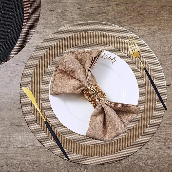 PIGCHCY Round Placemat Set of 6 Heat Resistant Vinyl Washable Kitchen 15 inch Placemats for Home Indoor Outdoor Party (6pcs, Champagne)