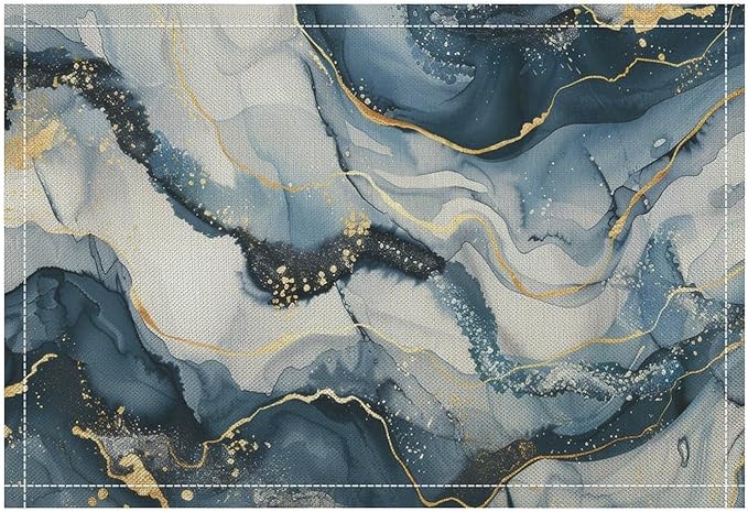 Marble Linen Placemats Set of 2, Modern Abstract Foil Stone Texture Gold Navy Blue Marble Washable Place Mats, Non Slip Placemat for Home Party Dining Tables Wedding Kitchen Banquets Decor 12x17 Inch