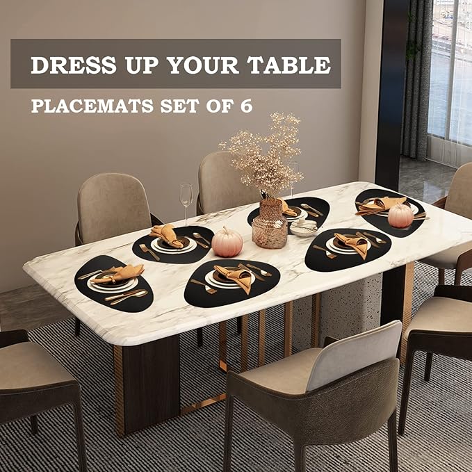 Placemats Set of 6, Faux Leather Placemats with Coasters, Black Table Mats Set of 6 Heat Stain Scratch Resistant Waterproof Washable Wipeable Place Mats for Dining Patio Table Kitchen