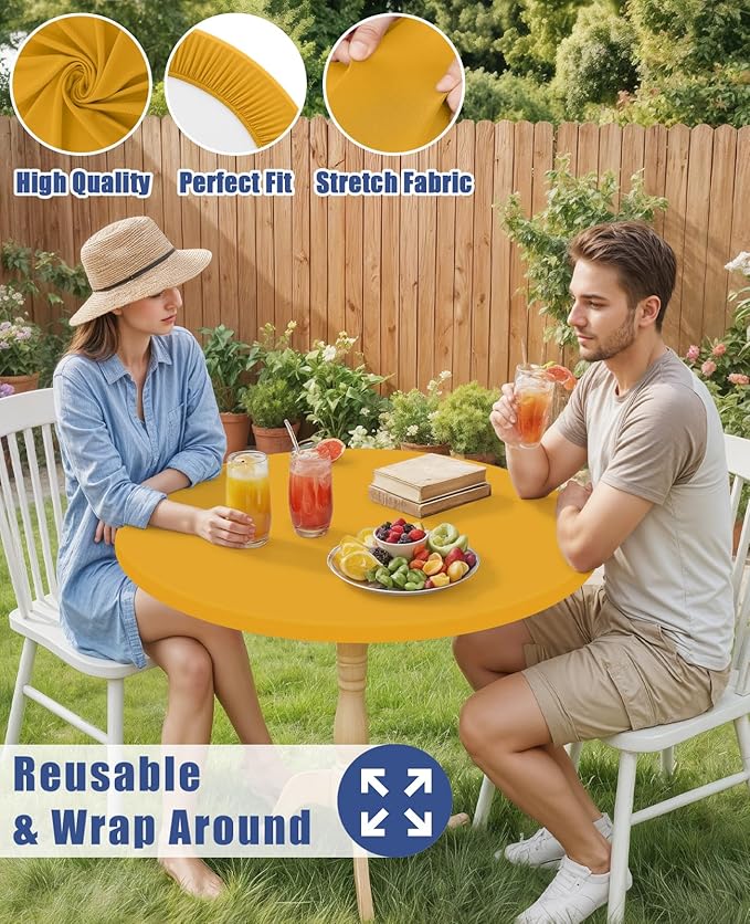 Round Spandex Tablecloth 2 Pack, Elastic Fitted Waterproof Tablecloths for 36"-44" Tables, Stretch Washable Picnic Table Cover for Camping, Dining, Indoor and Outdoor, Mustard Yellow
