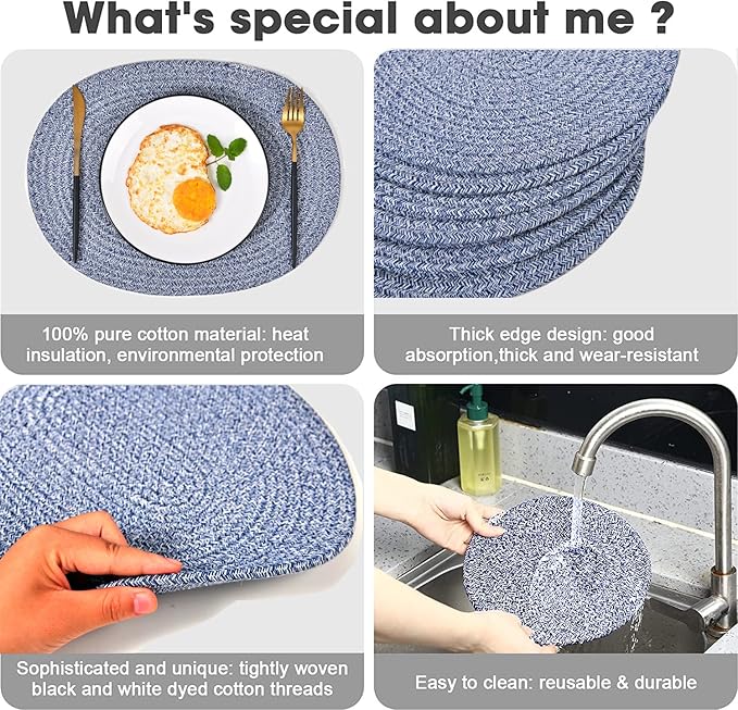 6 Pack Oval Woven Placemats, 12x16 inches Mix Rainbow Oval Plate Charger Cotton Heat Resistant Non-Slip Weave Place Mats Farmhouse Straw Braided Rattan Tablemats Wicker Placemats for Dining