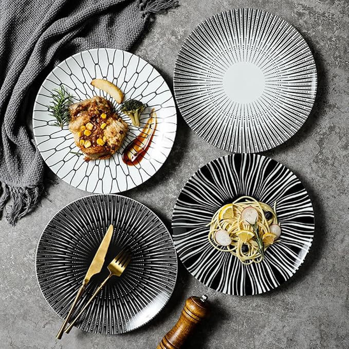 Cabilock 10-inch Dinner Plate and Dessert Dish Ceramic Pasta Serving Plate with Dark Striped Pattern for Home and Restaurant Use