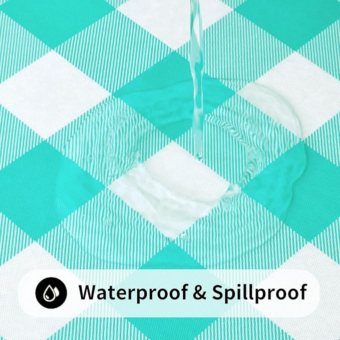 Smiry Rectangle Picnic Table Cloth, Elastic Waterproof Fitted Vinyl Tablecloths, Flannel Backed Buffalo Plaid Table Covers for Dining, Camping, Outdoor (White and Teal, 30" x 48")