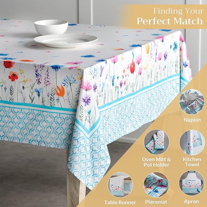 Maison d' Hermine Table Cloth Rectangle Table 100% Cotton 60 x 108 Inches Tablecloth Reusable Decorative for Dining Room Farmhouse Home Valentines Day Decorations Spring Summer - Flower in The Field