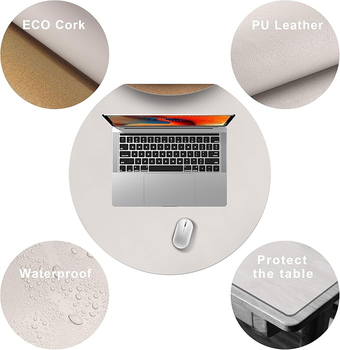 CENNBIE 23.6 Inches Round Table Mat - Cork Leather Placemats - Suitable as Side Dining Coffee Table Cover (Cream)