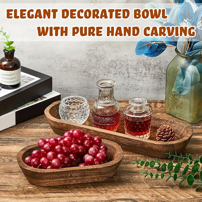 Tessco 2 Pcs Wooden Dough Bowl for Home Rustic Bread Long Wooden Bowl for Kitchen Dining Table Home Decoration(10 x 6 x 2 Inch, 16 x 6 x 2 Inch,Brown)