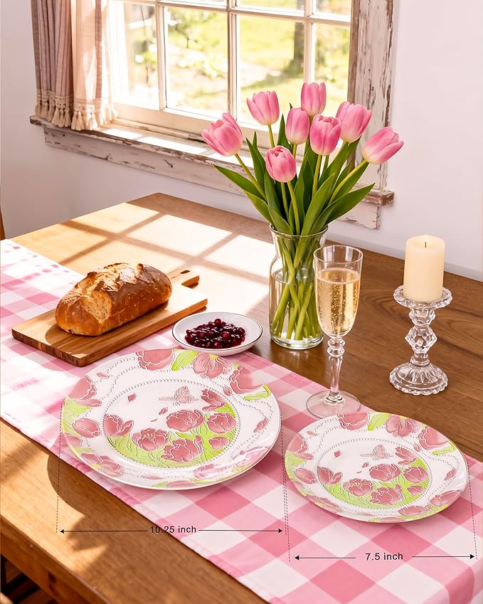 Hioasis 60pcs Plastic Disposable Plates Set - Pink Tulip & Butterfly Pattern with Pearl Trim, 10.25 Dinner & 7.5 Dessert Plates for Wedding,Anniversary,Party and Holiday