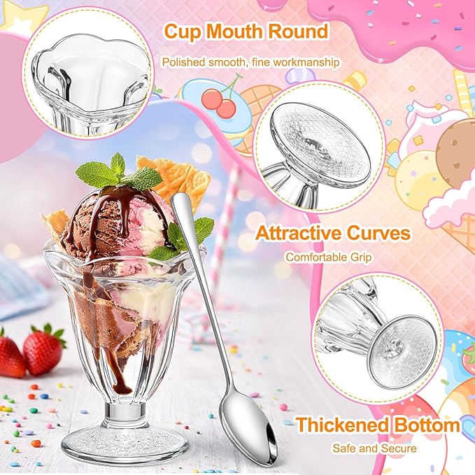12 Pcs Glass Dessert Cups Set, 6.8 oz Clear Tulip Sundae Cups with Long Handle Spoons, Footed Parfait Trifle Glasses for Valentine's Dessert, Date Night Fruit Cocktail