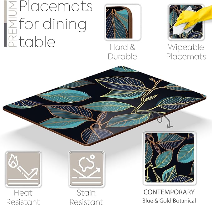 Set of 4 Heat Resistant Cork Placemats for Dining Table with Free Set of 4 Matching Drink Coasters Sage Green Marble Design 16 x 12 Inches Cork Backed Hard Placemats (Blue Gold Botanical)