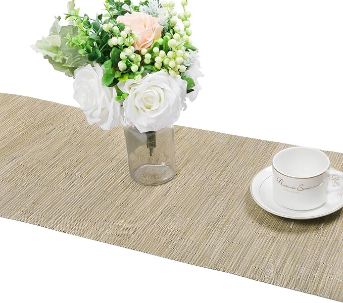 SHACOS Woven Vinyl Table Runner Indoor Outdoor 12x54 inch Kitchen Dining Table Runners Wipe Clean Washable PVC Table Runner, Bamboo Tan