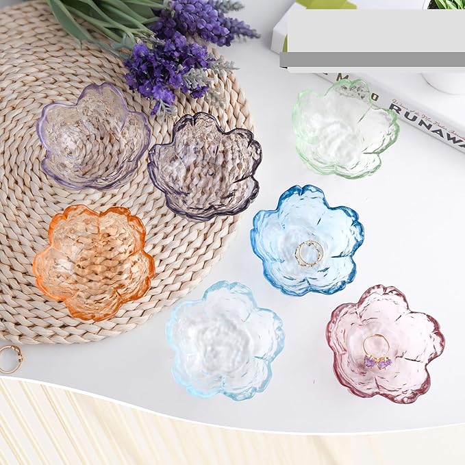 Purple Glass Ring Holder Dish, Cherry Blossom Decor Jewelry Trinket Tray, Rings Earrings Keys Storage Organizer Bowl