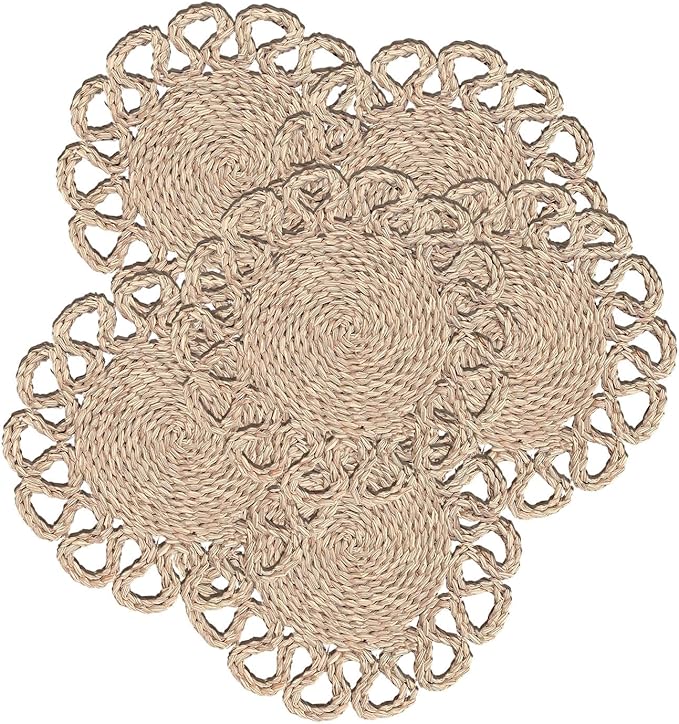 13.8" Set of 6 Seagrass Placemats | Boho Woven Rattan Table Mats | Farmhouse Wicker Spring Plate Chargers Like Water Hyacinth, Seagrass for Wedding, Party, Christmas, Events