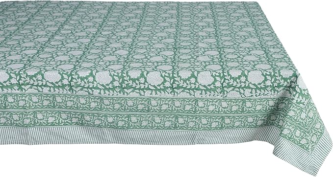 ATOSII Shalimar Green 100% Cotton Rectangle Fall Tablecloth, Handblock Floral Table Cloth Linen for Kitchen Dining I Parties Wedding Outdoors Christmas Thanksgiving I Fall Home Decor 60 X 90 Inches