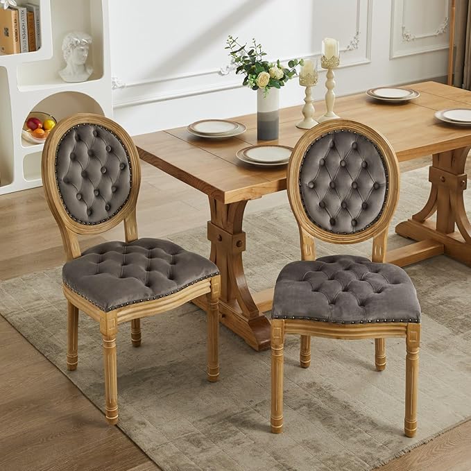 Ball & Cast French Vintage Upholstered Dining Chairs Set of 2, Button Tufted Kitchen Side-Chairs with Carved Antique Wood Frame & Nailhead Trims, 2-Piece Curved Backrest Louis Chair, Velvet Gray