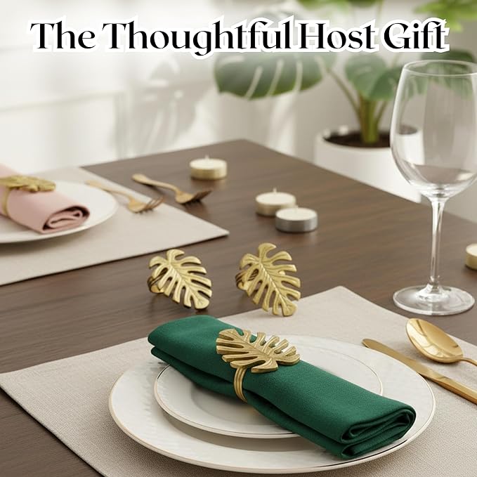 Napkin Rings Set of 12 Metal Napkin Holder Cuffs for Dinner Table Décor Monstera Leaf Farmhouse Modern Serviette Rings for Weddings, Parties, Receptions, Daily Use (Antique Gold) - ALPHA Living HOME