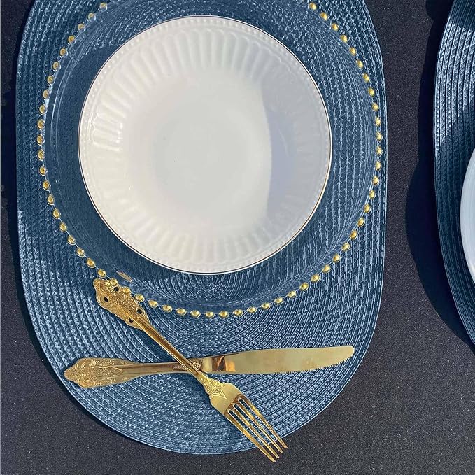 FunWheat Oval Braided Placemats Set of 4 Table Mats for Dining Tables Washable Heat Resistant Place Mats for Indoor Outdoor Use 12 x18 Inch(Oval Blue, 4pcs)