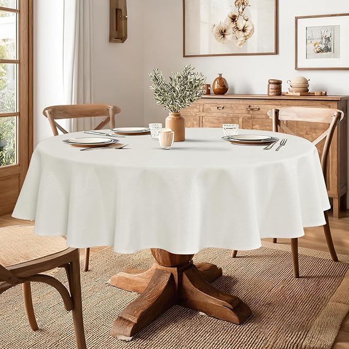 JIUZHEN Round Table Cloth Faux Linen Farmhouse Tablecloth Wrinkle & Stain Resistant Table Cover for Kitchen Dining, Holiday Party Dinner, White, 70 Inch Round