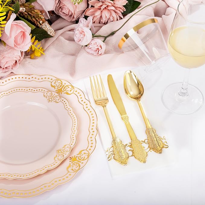 Ciaell 175 PCS Pink and Gold Plastic Plates - Fancy Gold Disposable Dinnerware Set with of 50 Plates, 25 Knives, 25 Forks, 25 Spoons, 25 Cups, 25 Napkins for Party & Weddings & Valentine's Day