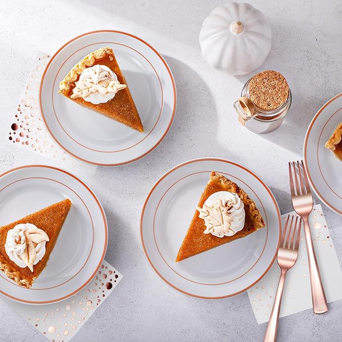 Stylish Rose Gold Dessert Plates, Forks and Cocktail Napkins (100 Set), 7.5 Inch Appetizer Plates or Salad Plates, Wedding Cake Plates, Disposable Plates for Wedding with Rose Gold Napkins