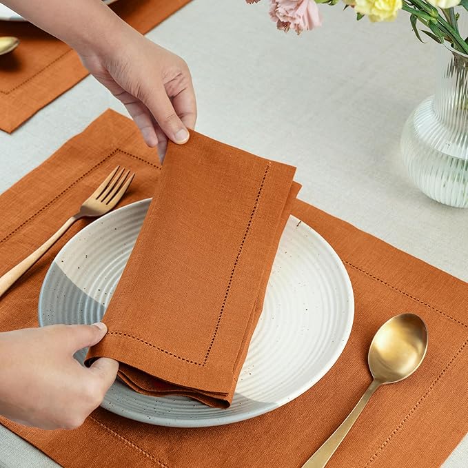 D'Moksha Homes Rust Linen Napkins Set of 6 - Classic Hemstitch 100% Pure Linen Hemstitch Dinner Napkins 20 x 20 Inch for Spring, Easter - Handcrafted and Machine Washable
