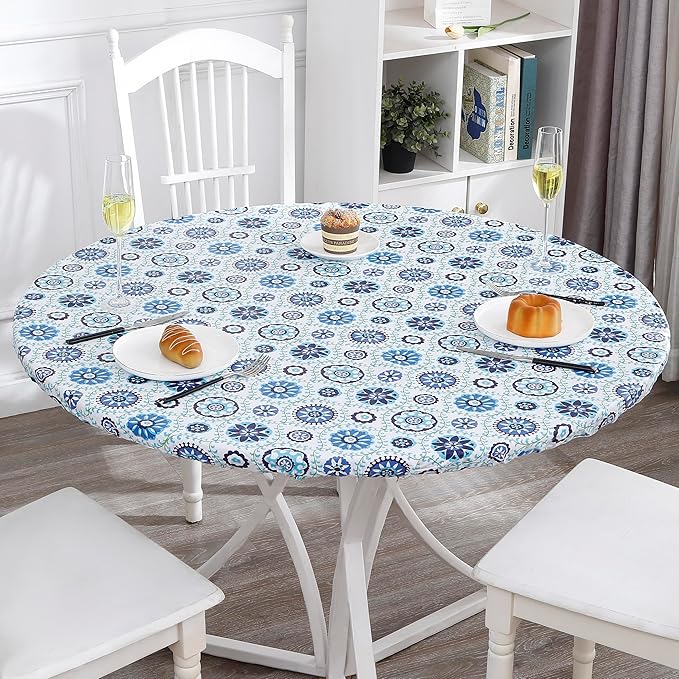 Walrus Round Vinyl Fitted Tablecloth with Flannel Backing Elastic Edge Design Table Cover Waterproof Oil-Proof PVC Table Cloth Stain-Resistant Best for 57"-66" Round