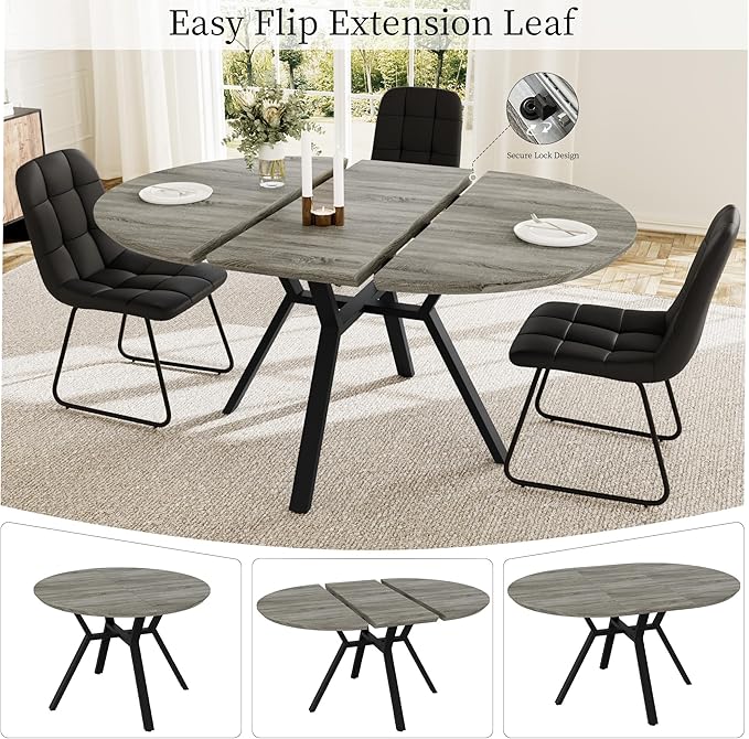 Extendable Round Dining Table Set for 4 People, 43.3"-59.1" Extendable Kitchen Table with 4 Upholstered Chairs, Space Saving for Kitchen Dining Room (Grey Table+4 U-Shaped Black Chairs)