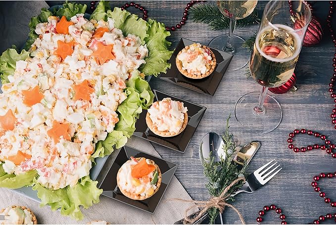 Exquisite Mini Disposable Appetizer Plates - 500 Pack 2.95 In. x in. Black Plastic Dessert Elegant Design for Weddings, Birthdays, and Formal Parties Stackable Convenient BPA Free