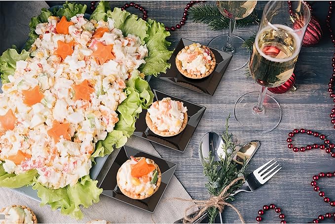Exquisite Mini Disposable Appetizer Plates - 100 Pack 2.95" x 2.95" Black Plastic Dessert Plates - Elegant Design for Weddings, Birthdays, and Formal Parties - Stackable and Convenient - BPA Free