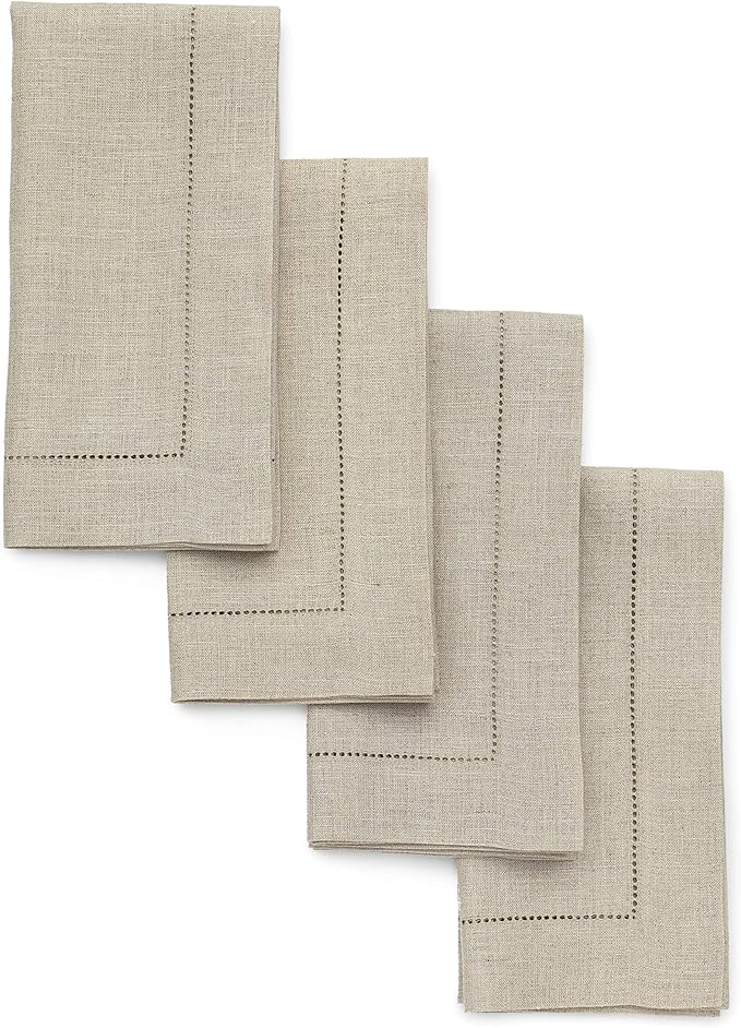 Solino Home Natural Linen Napkins Set of 4-100% Pure Linen Hemstitch Dinner Napkins 20 x 20 Inch for Spring, Easter - Classic Hemstitch