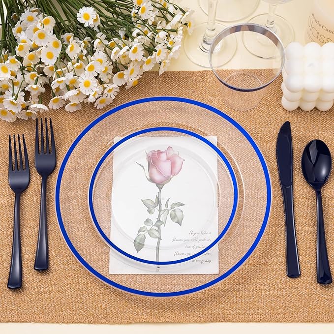 BESTSTAR 200PCS Blue and Clear Plastic Plates, Blue Disposable Plate Set with 100 Dinner Plate and 100 Dessert Plates for Party, National Day