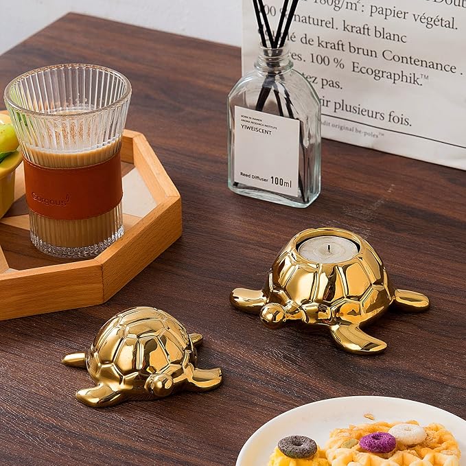 Golden Turtle Statue, Ceramic Turtle Ornament for Home Decor - Gold Tabletop Decoration, Collectible Decor for Elderly, Turtle Sculpture for Bookshelf, Desk, Nightstand