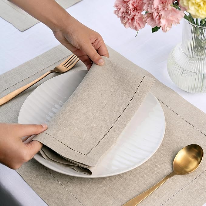 D'Moksha Homes Natural Linen Napkins Set of 6 - Classic Hemstitch 100% Pure Linen Hemstitch Dinner Napkins 20 x 20 Inch for Valentines, Spring, Easter - Handcrafted and Machine Washable